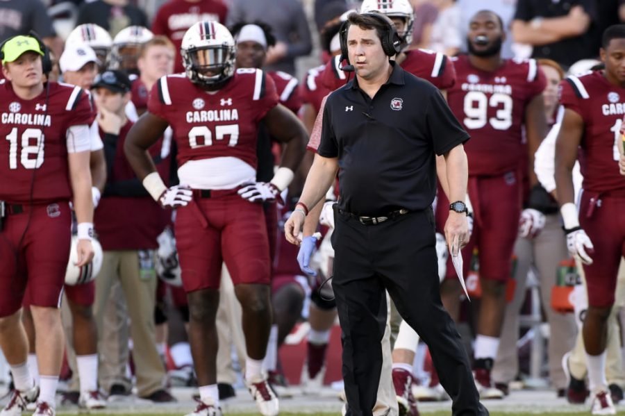 COLUMBIA, SC - OCTOBER 9: Head coach Will Muschamp of the South Carolina Gamecocks waits for his team on sidelines during a timeout by the Georgia Bulldogs during the fourth quarter on October 9, 2016 at Williams-Brice Stadium in Columbia, South Carolina.  (Photo by Todd Bennett/GettyImages)