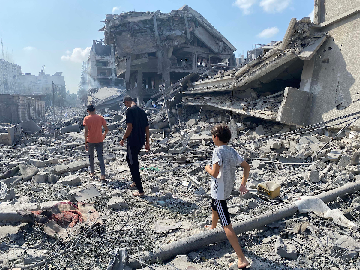 Palestinians+inspect+the+damage+following+an+Israeli+airstrike+on+the+El-Remal+aera+in+Gaza+City+on+October+9%2C+2023.+Israel+continued+to+battle+Hamas+fighters+on+October+10+and+massed+tens+of+thousands+of+troops+and+heavy+armour+around+the+Gaza+Strip+after+vowing+a+massive+blow+over+the+Palestinian+militants+surprise+attack.+Photo+by+Naaman+Omar+apaimages